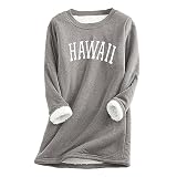 Lederimitat Bluse Damen Damen-Oberteil mit Rundhalsausschnitt, locker, warm, lässig, Bedruckt, Plüsch-warmes Oberteil Thermoshirt (Grey, L)