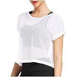 Damen Sport Shirt Transparent Tüll Mesh Top Locker Oberteile Netz Kurzarm Cover-Up Crop Tops Leicht Atmungsaktiv Sporttop Schnell Trocknendes T-Shirt für Fitness Yoga Laufen Wandern Fahrrad R