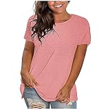 KOG Damen T-Shirts Vintage Einfarbig Longshirt Casual Kurzarm Blusen Frauen Oberteil Freizeit Baumwolle Tee T-Shirt Frau Rundhals Elegant Shirt Sale Damen Rosa 3XL