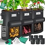 KESSER® Kartoffel-Pflanzsack 6-Set 38L | Kartoffel-Pflanzbeutel aus Vlies mit Namensschildern Pflanztasche mit Fenster & Griffen | Kartoffelpflanzgefäß waschbar mit Handschuhen & Arbeitsmatte Schw