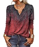 GRMLRPT Tops Damen Langarm Rundhal Tshirts Tunika Oberteile Bedruckte Bluse Damen Elegant Lässige Hemd Knopfleiste (Rot,L)