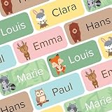 Wraplab Namensaufkleber für Kinder (120 Stück) - Gegenstände & Schule/Kita - Namensschilder für Schulsachen, personalisiert und spülmaschinenfest (Waldtiere)