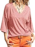 Fisoew T Shirt Damen 3/4 Ärmel Oberteil mit V-Ausschnitt Lockere Basic Sommer Tee Shirts Bluse Tops.Rosa.XL