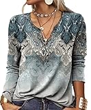 GRMLRPT Tops Damen Langarm Rundhal Tshirts Tunika Oberteile Bedruckte Bluse Damen Elegant Lässige Hemd Knopfleiste (Blau-U,M)