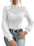 GORGLITTER Damen Oberteil Elegant Top mit Spitzen Trachentenbluse Langarm Dirndlbluse Spitzenshirt Herbst Shirt Stehkragen Weiß M