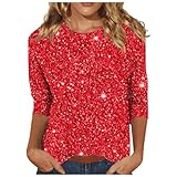 Tunika Damen Elegant Pailletten Oberteil Shirt 3/4 Arm Festliche Bluse Longshirt Lässig Rundhals T-Shirt Baumwolle Glitzer Tee Tops Leichte Vintage Sommershirt Weich Bequem Lang