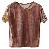 Festival Outfit Damen Sexy Mesh Sheer Oberteile Durchsichtig Netzoberteil Transparent Bluse Glitzer Top Kurzarm T-Shirt Sommer Rundhals Tshirt für Party Modisches Tunika Clubw
