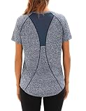 Wayleb Damen Sportshirt Kurzärmliges Sport T Shirt mit V Ausschnitt Leicht Atmungsaktiv Trainingsshirt Fitness Running Tennis Shirt Gym Yoga Tops Locker, Navy blau XXL
