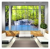 Fototapete 3D Fenster Wald Wasserfall Natur Landschaft Wandbilder Wohnzimmer TV Sofa Hintergrund Wandtuch 3 D Papel De Parede*150cmx105cm(59,1x41,3inch)