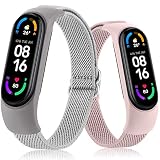 AK Armband Kompatibel mit Xiaomi Mi Band 6 / Mi Band 5 / Mi Band 4 / Mi Band 3 / Amazfit Band 5, Nylon Elastisch Sport Uhrenarmband für Mi Band 6/5/4/3/Amazfit Band 5 (Grau+Rosa)