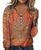 GRMLRPT Tops Damen Langarm Frühlingblusen V-Ausschnitt T-Shirts Tunika Oberteile Bedruckte Bluse Damen Elegant Lässige Hemd Langarmshirts für Damen(Orange,M)