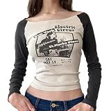 Himllauen Damen Langarmshirt Bedruckt Langarm Shirt Sweatshirt Vintage Crop Tops Y2k Gothic Punk Grunge E-Girl Clothes für Frauen Mädchen (K Schwarz Beige, M)