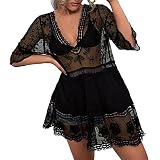 Generic Damen Sommerkleid Strand - Sexy Transparent-Strandkleid Kurz Boho Kleid V Ausschnitt Strandkleider Sommer Strandponcho Spitze Kaftan Kurzarm Durchsichtig Bikini Cover Up Leicht B