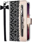 Uposao Kompatibel mit Samsung Galaxy S8 Hülle Leder Handyhülle Blumen Muster mit Reißverschluss Kartenfächer Handschlaufe Schutzhülle Flip Case Klapphülle Handytasche Etui,Schw
