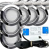 6er Set IP44 LED flache Einbaustrahler New Lina 12V, 2,4W, Chrom, 200lm, Neutralweiß (4000K), inkl. LED-Trafo mit 230V Zuleitung, Netzstecker, Schnurschalter, AMP-Verteiler, Ø 72mm, Bohrloch 54-60