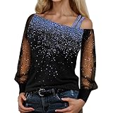 Duohropke Glitzer Oberteile Damen Sexy Schulterfrei Damenblusen Carmenbluse Netzshirt Sternen und Pailletten schulterfreie Sling Shirts Elegant Lose Fit T-S
