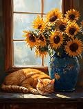 Malen Nach Zahlen Erwachsene Katze Paint by Numbers Sonnenblume Malen Nach Zahlen Erwachsene DIY Set mit Pinseln und Acrylfarben Handgemalt Ölgemälde Set für Anfänger Wanddeko 60 X 80cm, Model 1401