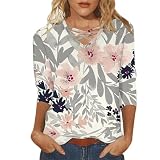 Bluse Damen Elegant 3/4 Ärmel Oberteile Tops Bunte Blumen Druck Langarm Tunika Shirt Große Größe Lose Rundhals Sommerkleid Damen Leicht und Luftig Tshirt(A3 Grey,3XL)