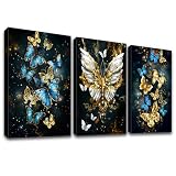 3 Pcs Blaue und goldene Schmetterlinge Mit Rahmen Leinwand Bilder Glänzender Schmetterlinge Bild auf Leinwand Malerei Wandbilder Wanddeko Wohnzimmer Schlafzimmer Dekorationen 90x40cm (12'x16'x3pcs)