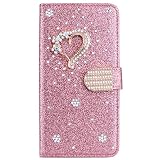 BLOTECH Hülle für Samsung Galaxy S6 Edge,Leder Brieftasche Glitzer Schutzhülle Glänzende Bling 3D Schnalle & Liebe Etui Schale Kartenfächer Magnet HandyCase für Samsung Galaxy S6 Edge,Rose G
