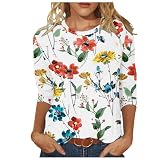 Tops für Damen, UK-Blumendruck, 3/4-Ärmel, Damen-T-Shirt, Hawaii-Pullover, Party-Top, Sommer, lockere Passform, Activewear, lässig, 3/4-Ärmel, Blusen, T-Shirts, Tunika, Übergröße, 9 Weiß, S