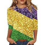 Damen bedrucktes Hemd, 3/4-Ärmel, Tunika-Oberteil, Rundhalsausschnitt, Bluse, T-Shirt (Gold, XL)