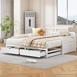 Zravenna Tagesbett 90 (180) x 190 cm, Bett Ausziehbar zum Doppelbett, Ausziehbett Gleiche Höhe, Massivholzbett mit 2 Schubladen (Weiß)