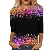 Festliches Outfit Damen, Glitzer Oberteile Damen 3/4-Ärmel Pailletten Shirt Damen Elegant Silvester Outfit Elegant Festliche Kleidung Große Größen Glitzer Rotes Blusen Casual Langarm Tunik
