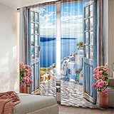 IKDZCM 2 Stück Strand-Ozean-Vorhang, Landschaft, Santorini, Meer, Küstenlandschaft, europäische Landschaft, rustikale Fenstervorhänge, moderner, einfacher Vorhang BxH/2x135x210