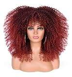 ISAMY Lange lockige Perücken für Schwarze Frauen Afro Bomb Curly Perücke mit Pony Synthetische Faser Klebefrei Lange Afro Kinky Curly Haar (Ombre Rot)