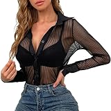 Hemdbluse Damen Weiss Durchsichtiges Mesh-Button-Down-Sexy-Hemdoberteil für Damen Bluse Damenbluse Blusenshirt mit Langen Ärmeln Oversized Tunika Blusenshirt V-Ausschnitt Arbeit H