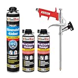 Isolbau B2 Dämmstoffkleber SET - 1 x 750 ml Perimeterkleber, 2 x PU-Schaum-Reiniger & 1x Schaumpistole für EPS & XPS-Platten - 1K PU-Klebeschaum für Fixieren & Befestig