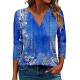 LZPCarra Damen 3/4 Ärmel Tops Sommer Casual V-Ausschnitt T-Shirt Damen 2024 Blumendruck Tägliche T-Shirts Tunika Blusen Zipfel (Blue, XL)