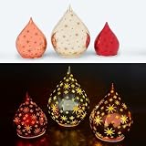 3 Deko Glastropfen mit LED Lichterkette, Sternen, Leuchteffekten und Timerfunktion - Stimmungslicht, Weihnachtsdeko (Rot/Gold)