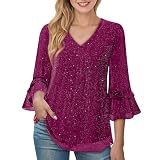 Glitzerndes Oberteil für Damen, elegant, V-Ausschnitt, 3/4-Rüschenärmel, fließende Blusen, Party, Cocktail, Pailletten, schimmernd, Tunika-Shirts, hot pink, L
