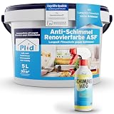Plid® Anti Schimmel Renovierfarbe ASF 5l inkl. Anti-Schimmel Spray - Innen Weiß für alle Wände [DAUERHAFTER SCHIMMELSCHUTZ] - Farbe für feuchte Räume, Bad & Küche - Effektiver S
