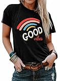 tiorhooe Damen Good Vibes Shirts Regenbogen Print T-Shirt Kurzarm Tops Rundhals Tee Sommer B