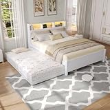 Doppelbett Holzbett, Kinderbett Flachbett mit Lattenrost, Ausziehbett mit Staufächern, Umgebungslichtstreifen, Eingebaute Ladebuchse, Mit Ausziehbett, Rahmen aus Kiefer, 120x200&90*190cm (Weiß)