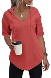 Cuptacc Oberteile Damen Sommer T Shirt V Ausschnitt Kurzarm Hoody Tshirt Waffelstrick Oberteile Chic Fuchsie,L 42-44