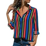 StarTreene Damen Bluse mit V-Ausschnitt, Knopfleiste, langärmlig, gestreift, lässiges Oberteil, rot / schwarz, 38
