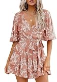 Damen-Jumpsuit mit Blumenmuster, V-Ausschnitt, Trompetenärmeln, Taillenbund und Bindeband, mehrlagig, plissiert – Rosa – M