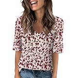 Generisch Damen-T-Shirt V-Ausschnitt Kurzärmelig Sommer Lässig Niedlich Lockere Passformelegante Oberteil Rot L