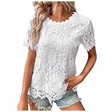 Spitzen Tshirt Damen Sommer, Mode T Shirt Damen Rundhals Stickerei, Kurzarm Shirt Slim Fit Lässig Oberteile Basic Bluse Elegant Long Tunika Tops Freizeit Sommershirts Leicht und Luftig Sp