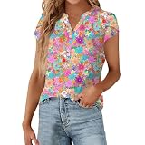 Generisch Oberteil Damen Tshirt Henley V Ausschnitt Oberteil mit Rüschen Kurzärmelig Locker Knopf Top Basic Casual Bluse Rosa XL