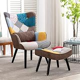HomeMiYN Relaxsessel mit Hocker Patchwork Sessel Ohrensessel Holz Sessel Wohnzimmer, moderner Fernsehsessel Loungesessel Stuhl Patchwork Leinen Massivholzfüß
