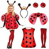 Winric 5 Stück Marienkäfer Kostüm Damen Fasching Erwachsene Kleid mit Marienkäfer Haarreif Marienkäfer Flügel Zubehör Karneval Kostüm Damen Rot Marienkäfer Kostüm Set(L)