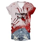 Hochgeschlossene Bedrucktes T-Shirt für Damen, kurzärmelig, Rundhalsausschnitt, Top, Bluse Lederhemd Damen Schwarz (Brick Red, M)