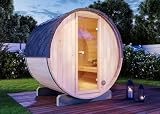 FinnTherm Fass-Sauna Mini XS, 194 x 160 x 194 cm Gartensauna, Outdoor Sauna mit 42 mm Wandstärke, inkl. Montagematerial, Glastür aus Sicherheitsglas, 3 Personen, inkl. Dachschindeln, Auß
