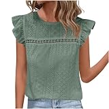 Tops für Damen Lockere Passform, Lange Blusen für Damen, Flatter-Rüschen, Kurze Ärmel, Rundhalsausschnitt, Einfarbig Sommer Spitzentop mit Hohlem Lotusblatt Elegant Leicht Sommerblusen Lässig T