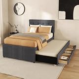 OCACA Polsterbett, Doppelbett, Familienbett, Ehebett mit DREI Schubladen, ausziehbares Bett, Verstellbares Kopfteil (Grau,90cm*200cm)
